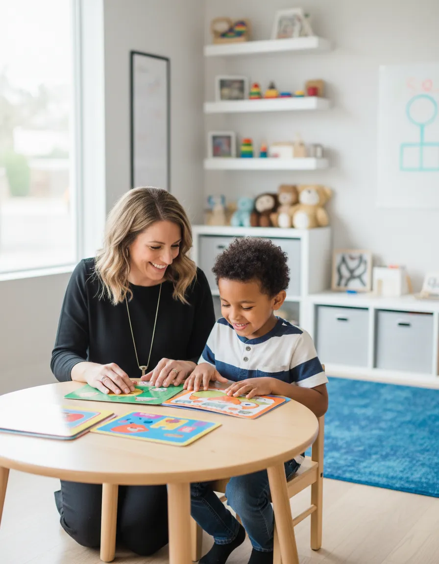 Head Speech Therapist Lydia Porter smiling with a child during a reading activity