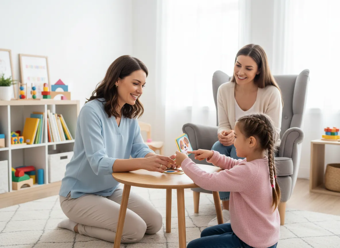 Child in speech therapy session with parent nearby