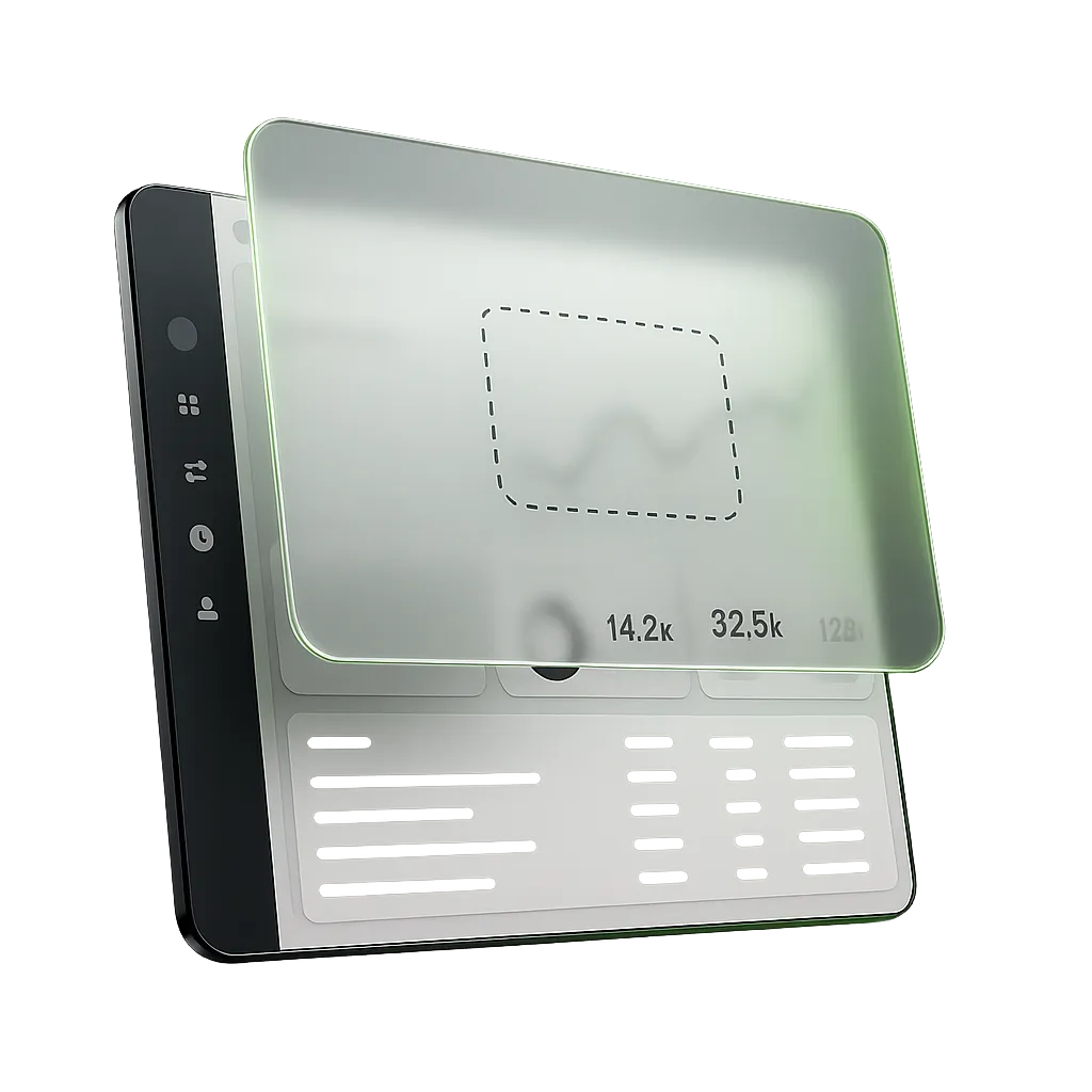 Sleek software dashboard mockup with glowing electric lime accents hovering dynamically