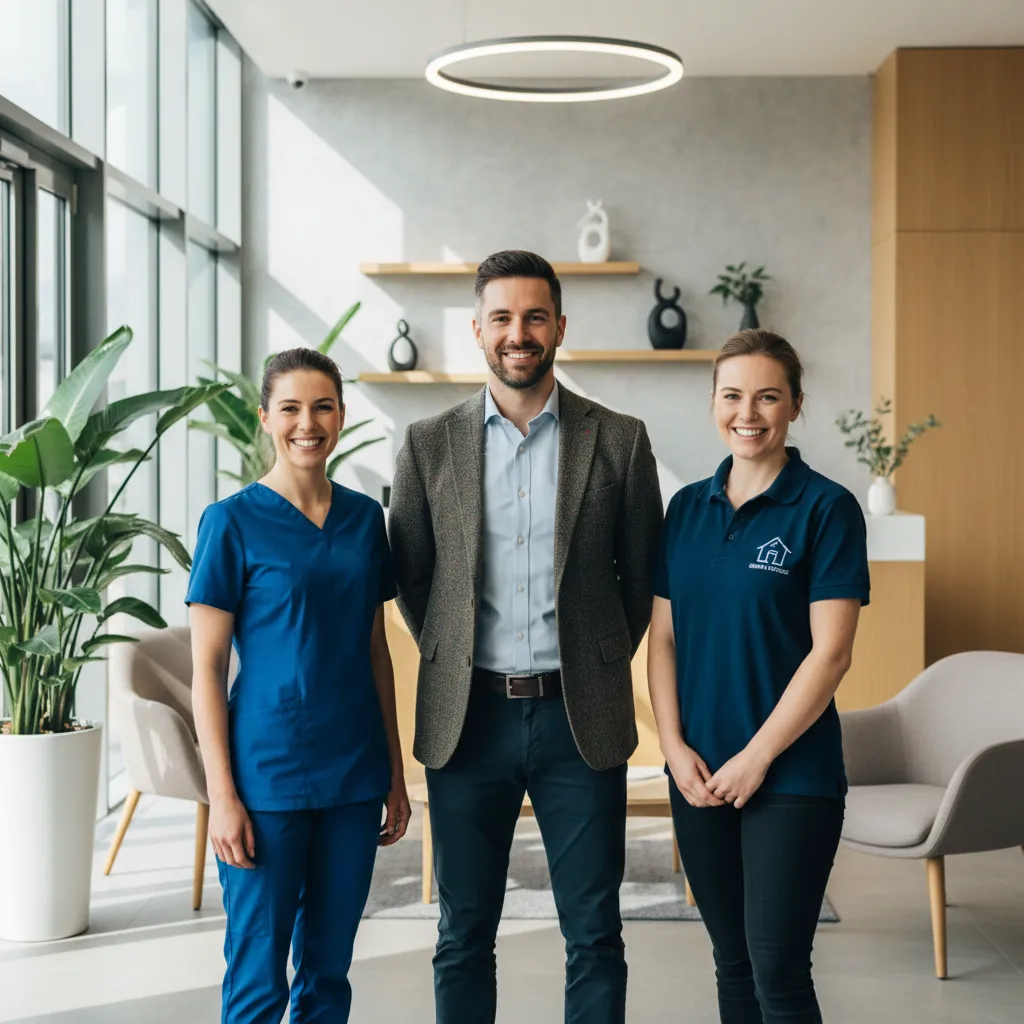 A group of UK healthcare professionals, including a physiotherapist, chiropractor, and home service provider, smiling in a bright clinic setting. The image conveys trust, diversity, and satisfaction, with natural lighting and a modern, welcoming environment.