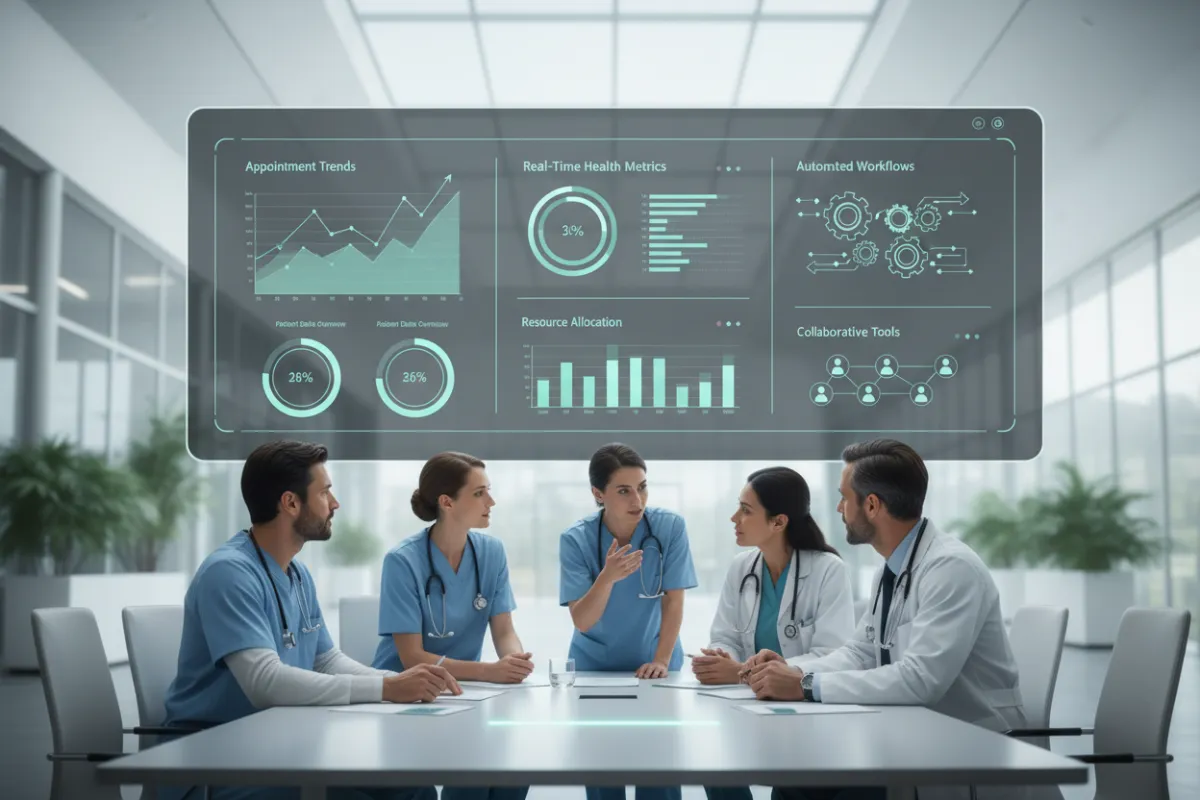 A modern AI dashboard interface with healthcare analytics, appointment graphs, and automation icons, set against a clean digital background. The composition features a diverse group of UK healthcare professionals reviewing the dashboard, highlighting technology and collaboration.