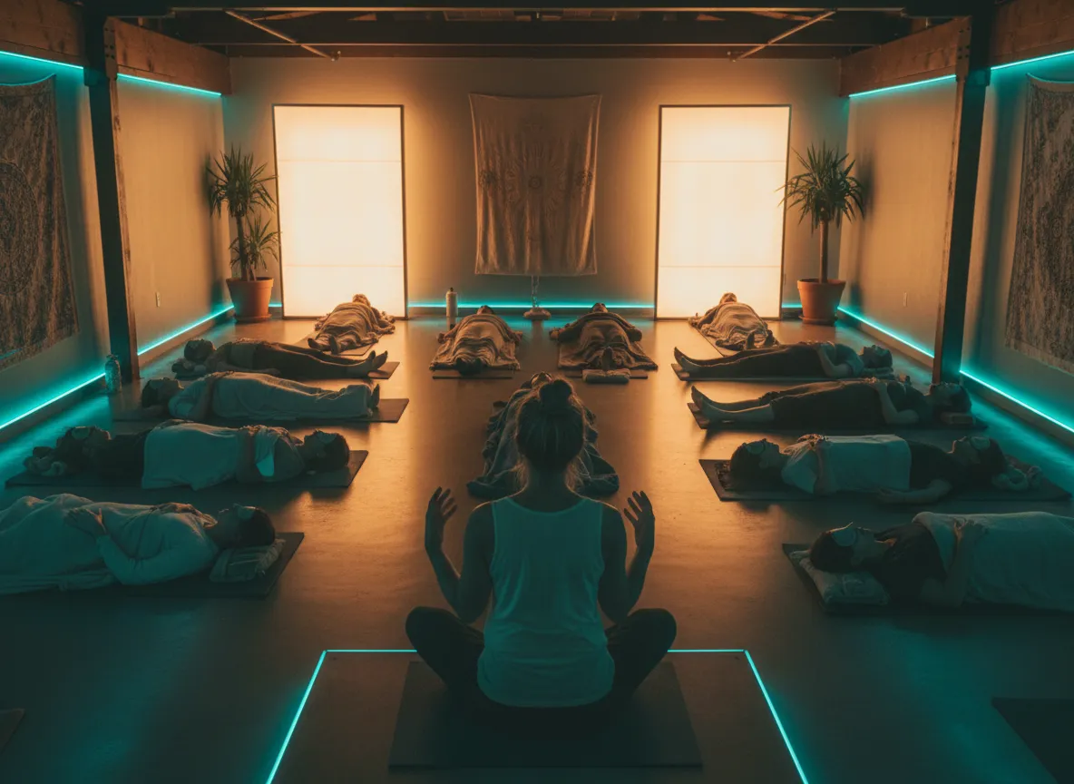 SOMA Breathwork event atmosphere with calm lighting and mats