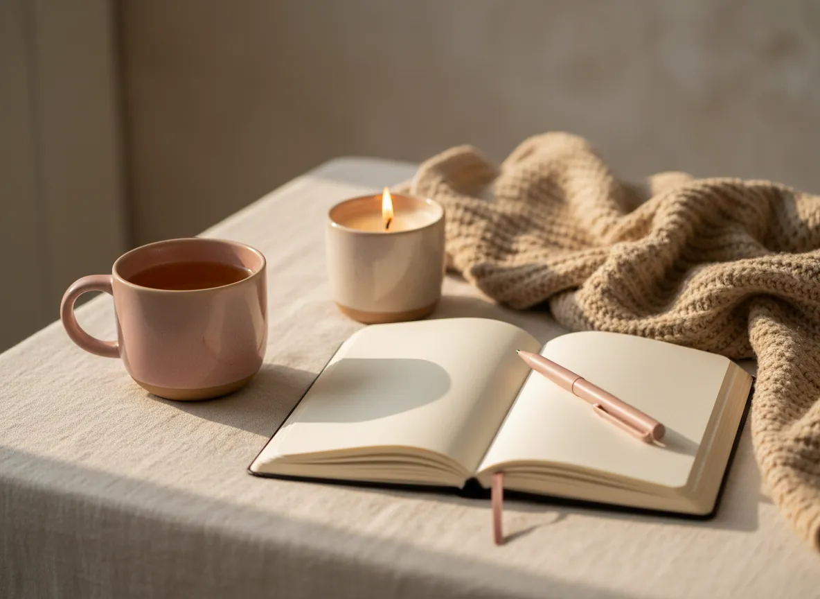 Calm sacred space with journal, candle, and cup of tea symbolizing a personal reset ritual.