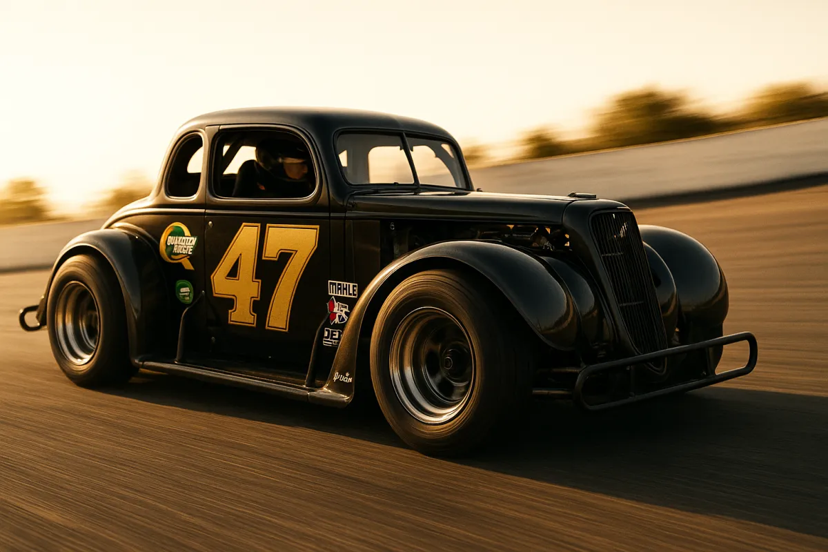 High-speed action shot of Matt's #47 coupe rounding a short-track turn at golden hour, showcasing sponsor decals.