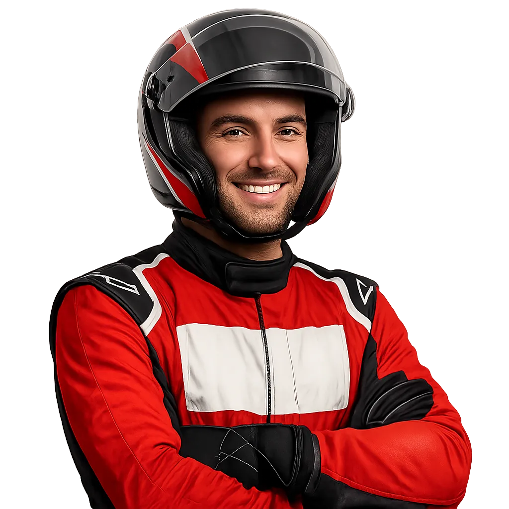 Portrait of Matt Maglodi in a racing suit, visor lifted, smiling confidently.