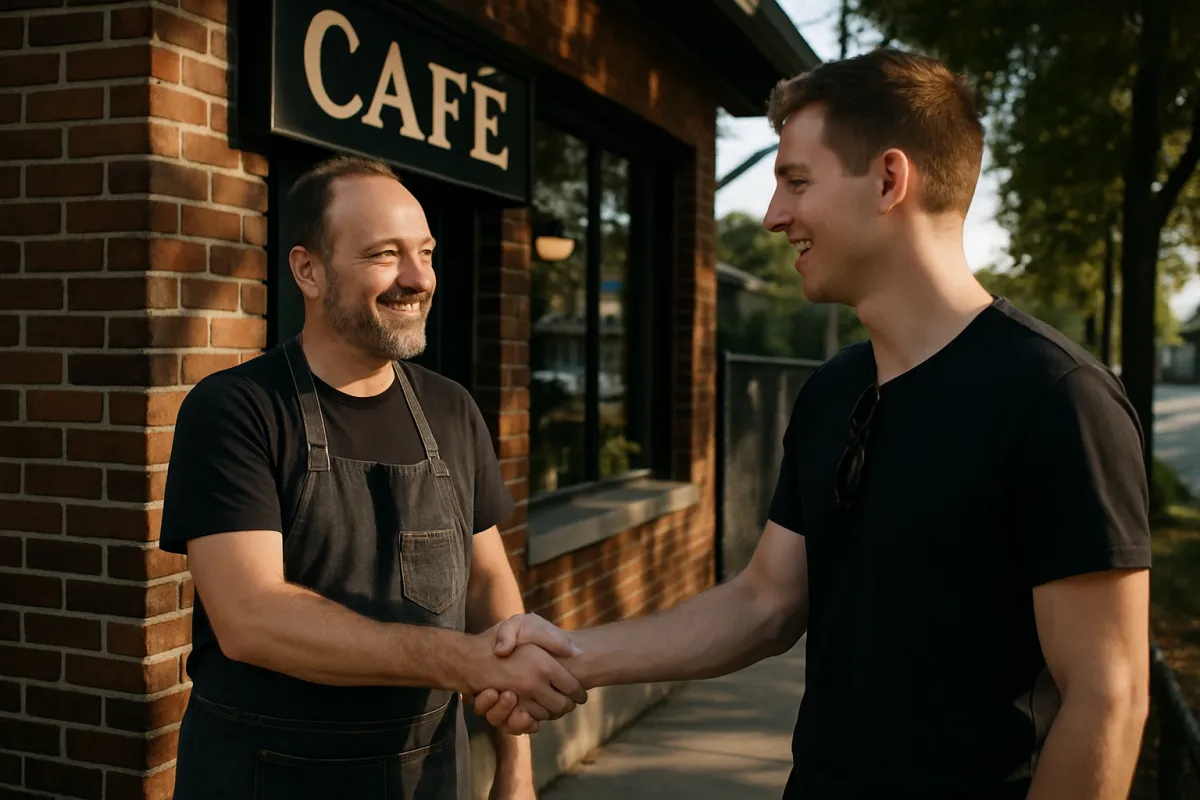 Local café owner shaking hands with Matt at trackside, business signage visible