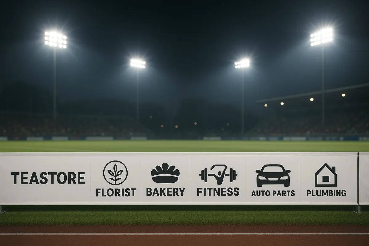 Trackside banner with multiple local sponsor logos under stadium lights showcasing brand visibility opportunities for small businesses, photorealistic wide composition.