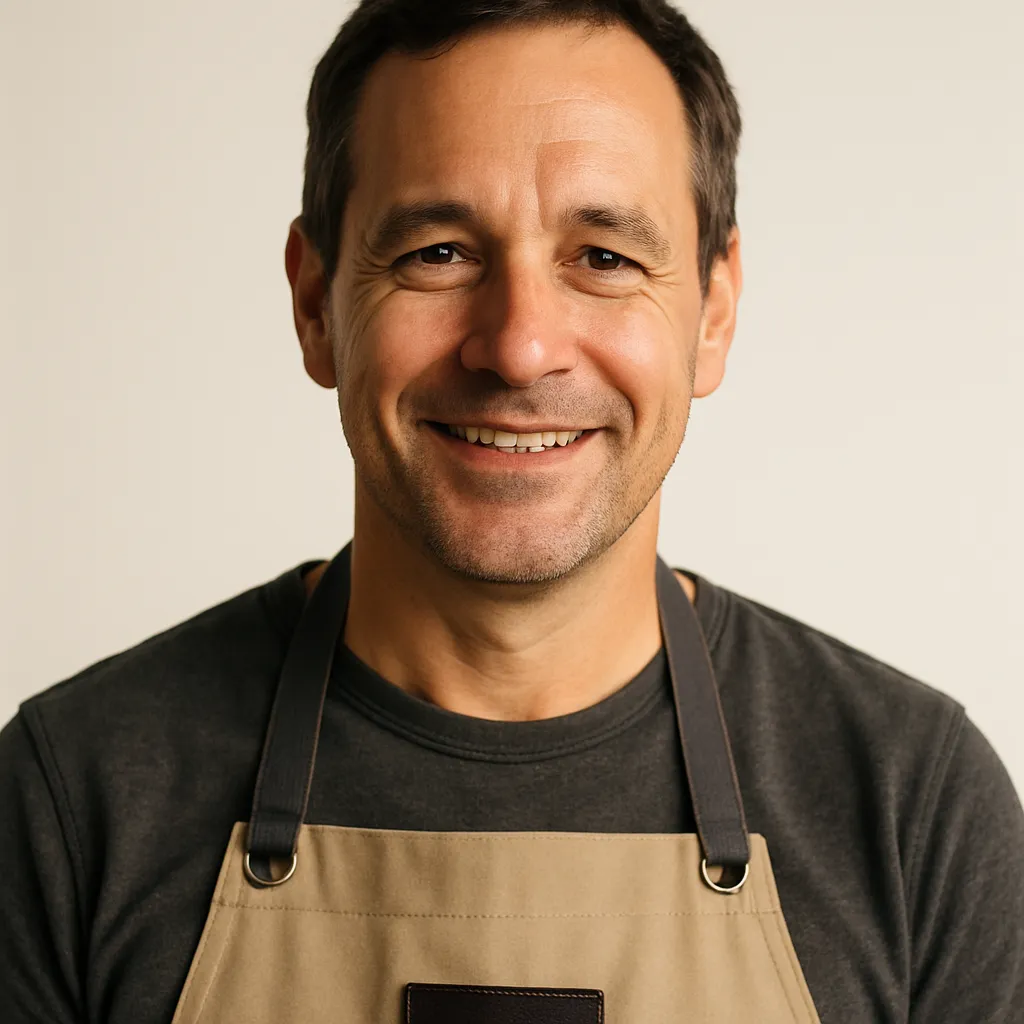 Headshot of a small business owner, 40s, smiling and wearing a branded apron, neutral studio background, photorealistic 1:1 portrait with warm soft lighting conveying trust and local partnership.