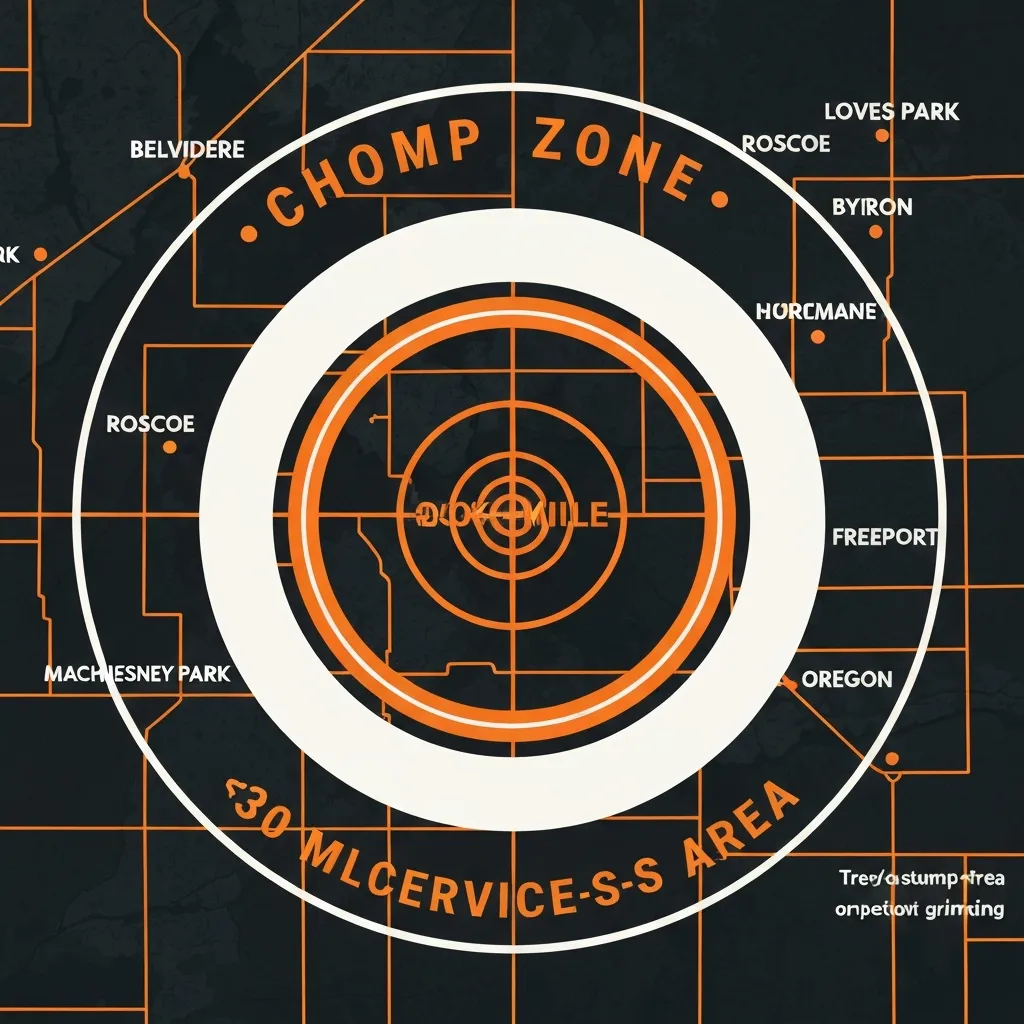 Service-area map centered on Rockford, IL showing an approximately 30-mile radius coverage zone (Chomp Zone).