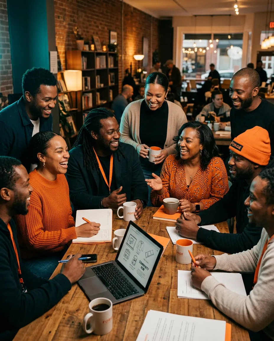 Diverse local entrepreneurs gathered in a warm, welcoming workspace in Rock Hill