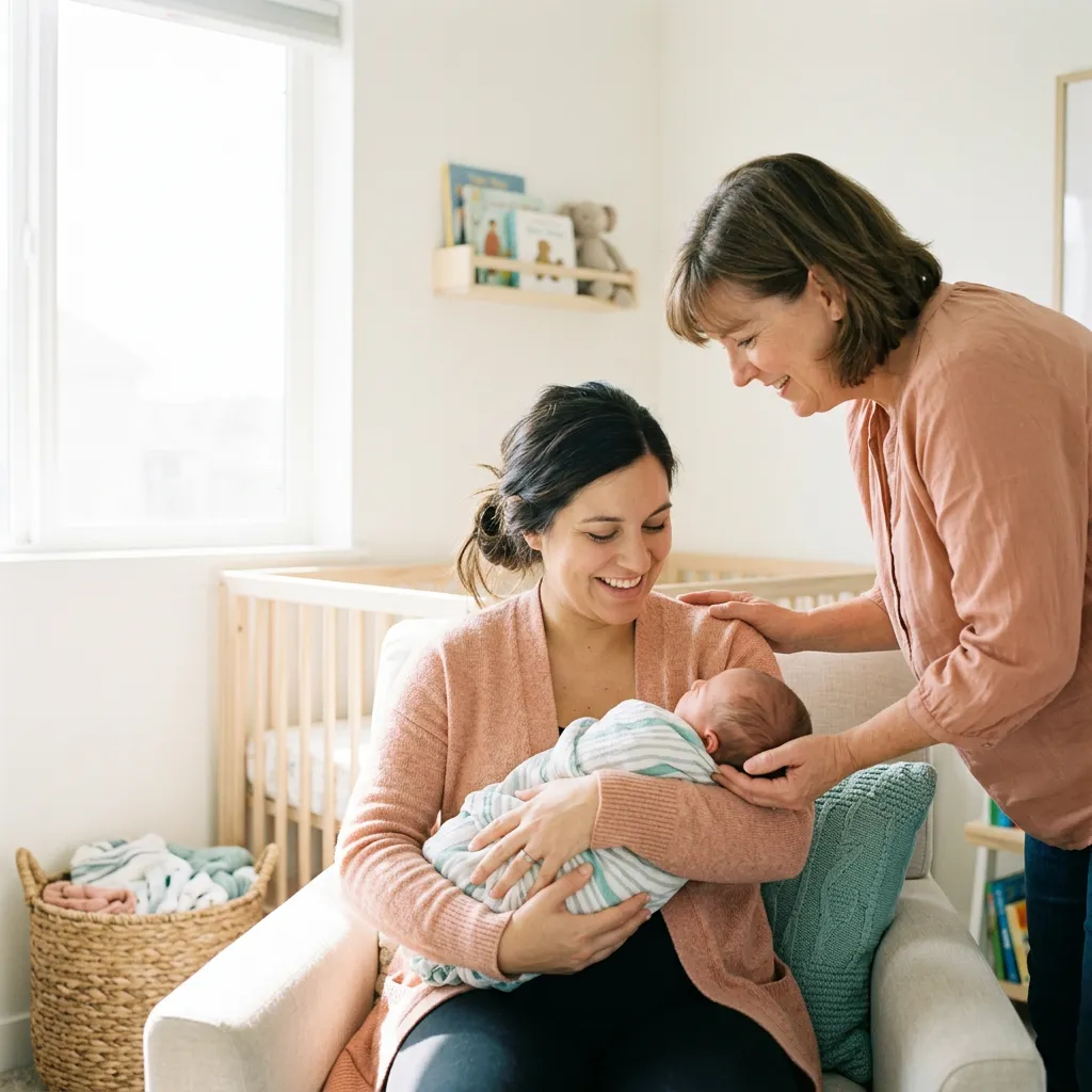 A warm and attentive doula gently supporting a smiling pregnant mother in a sunlit room