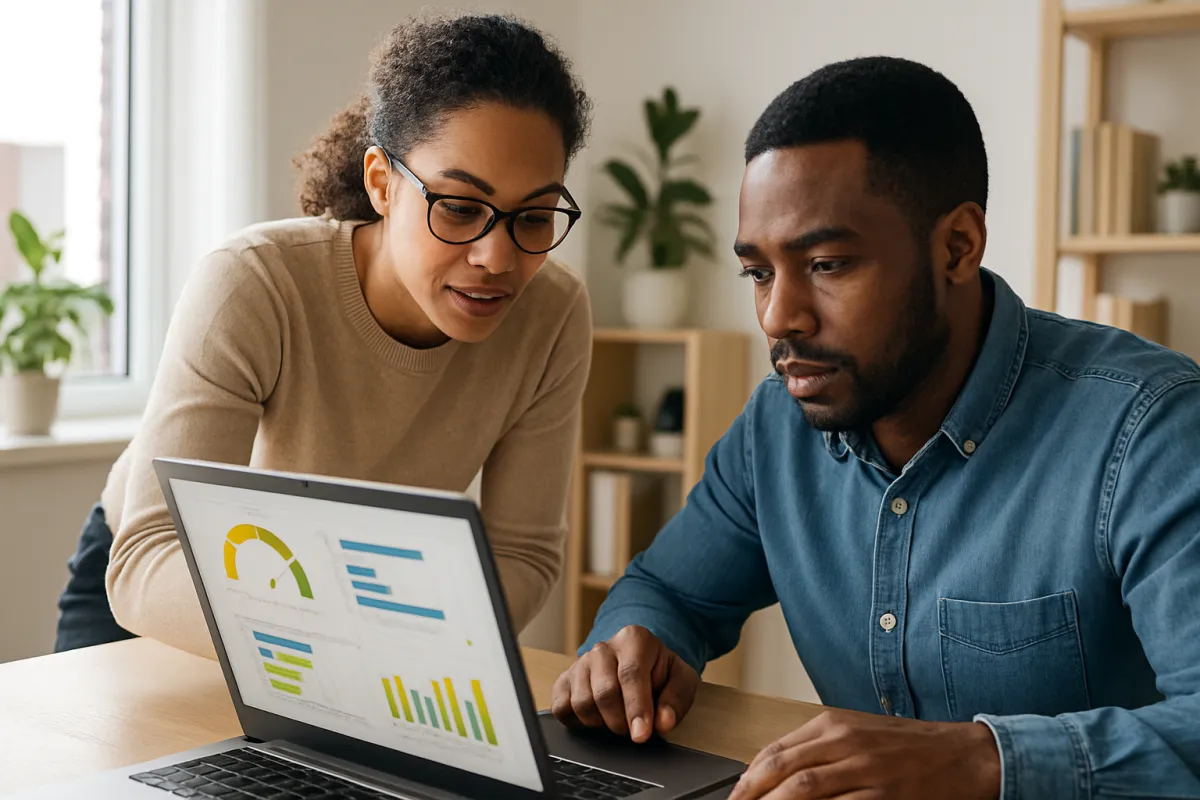 Credit coach reviewing a credit report with client in modern home office