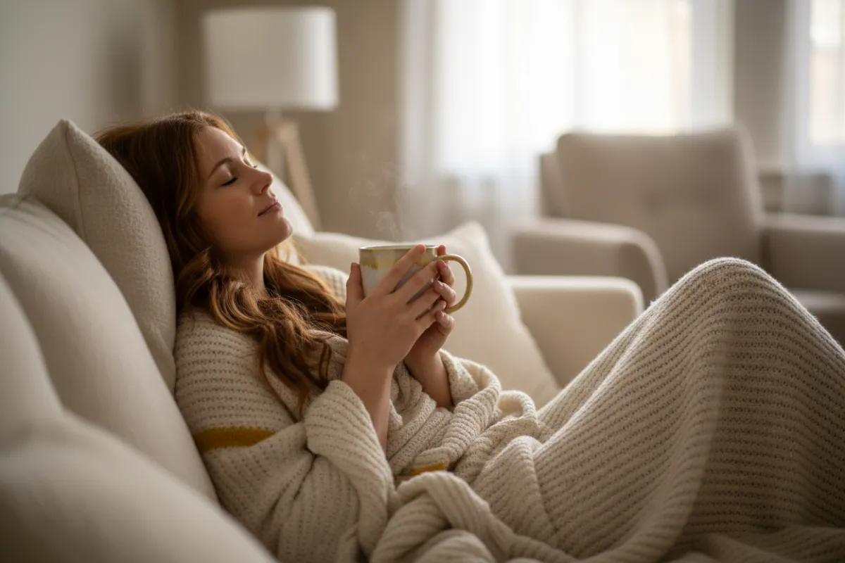 Woman resting on couch holding a cup of tea, looking exhausted