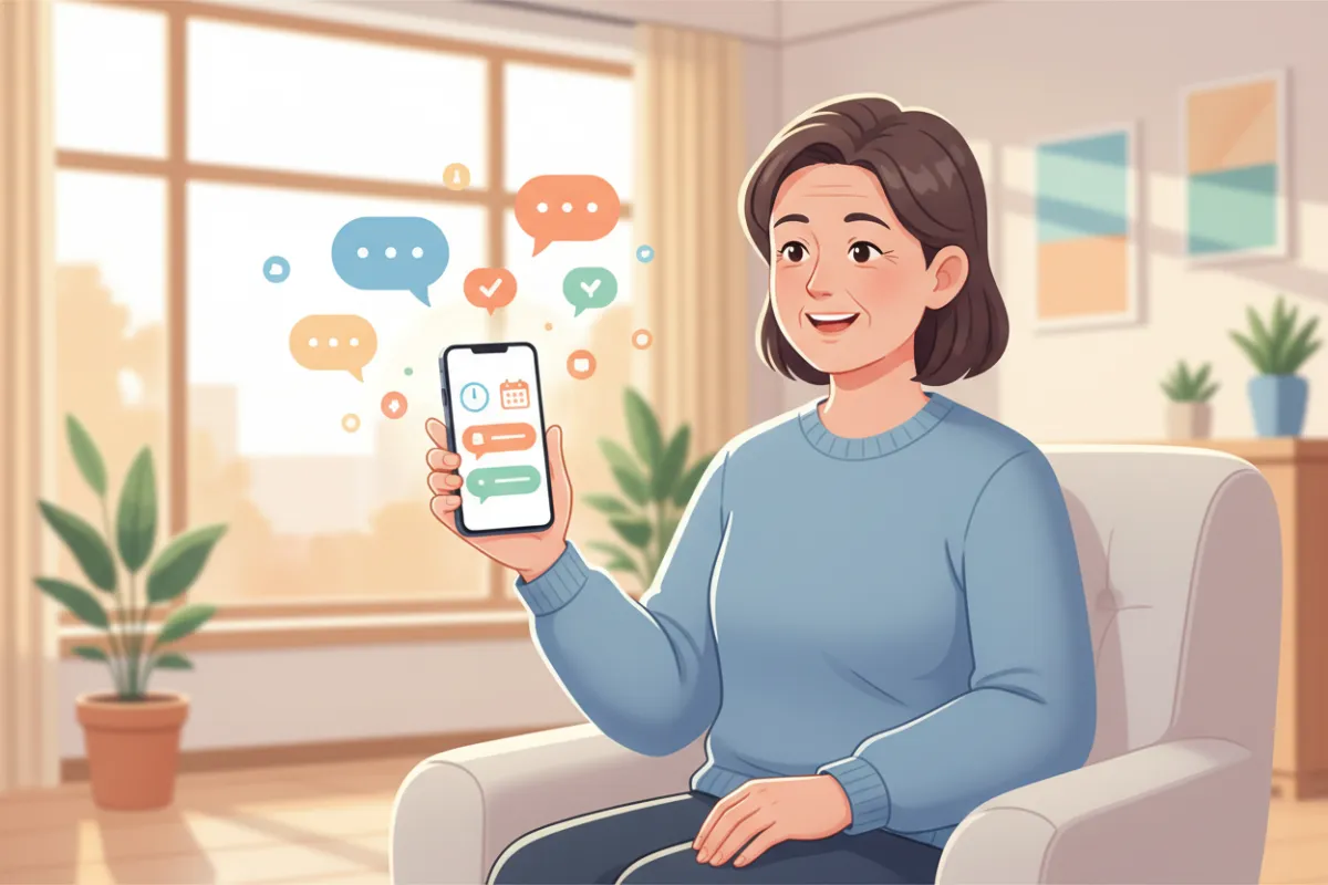 Colorful illustration of a smartphone displaying automated text reminders, with speech bubbles and notification icons. A middle-aged patient smiles while reading a message, set in a bright, welcoming clinic environment. 3:2 aspect ratio.