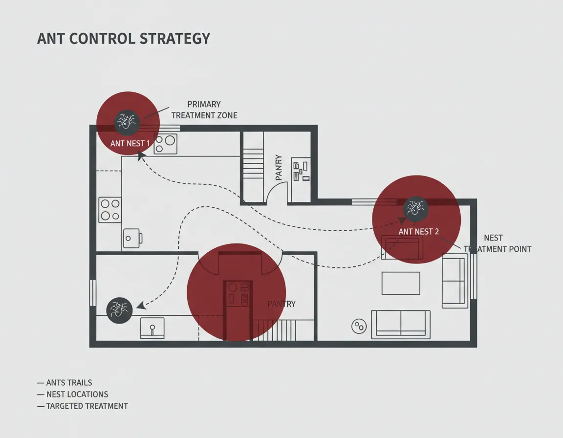Diagram showing ant trails and targeted pest control treatment application