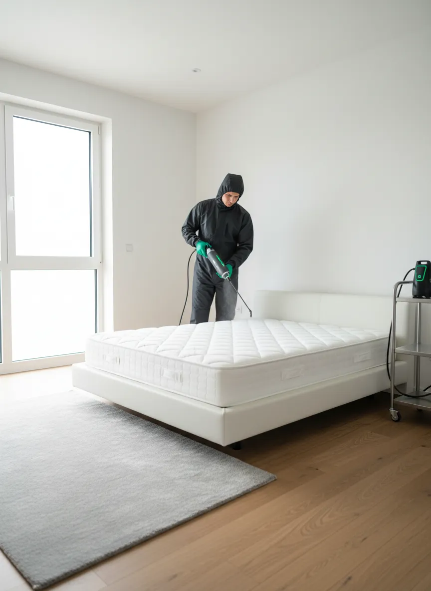 Pest control technician applying clinical bedbug treatment