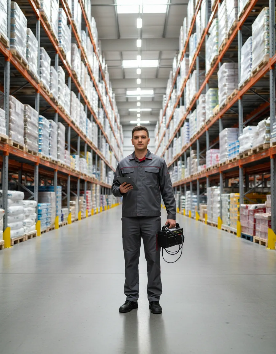 Commercial pest control technician in a warehouse facility