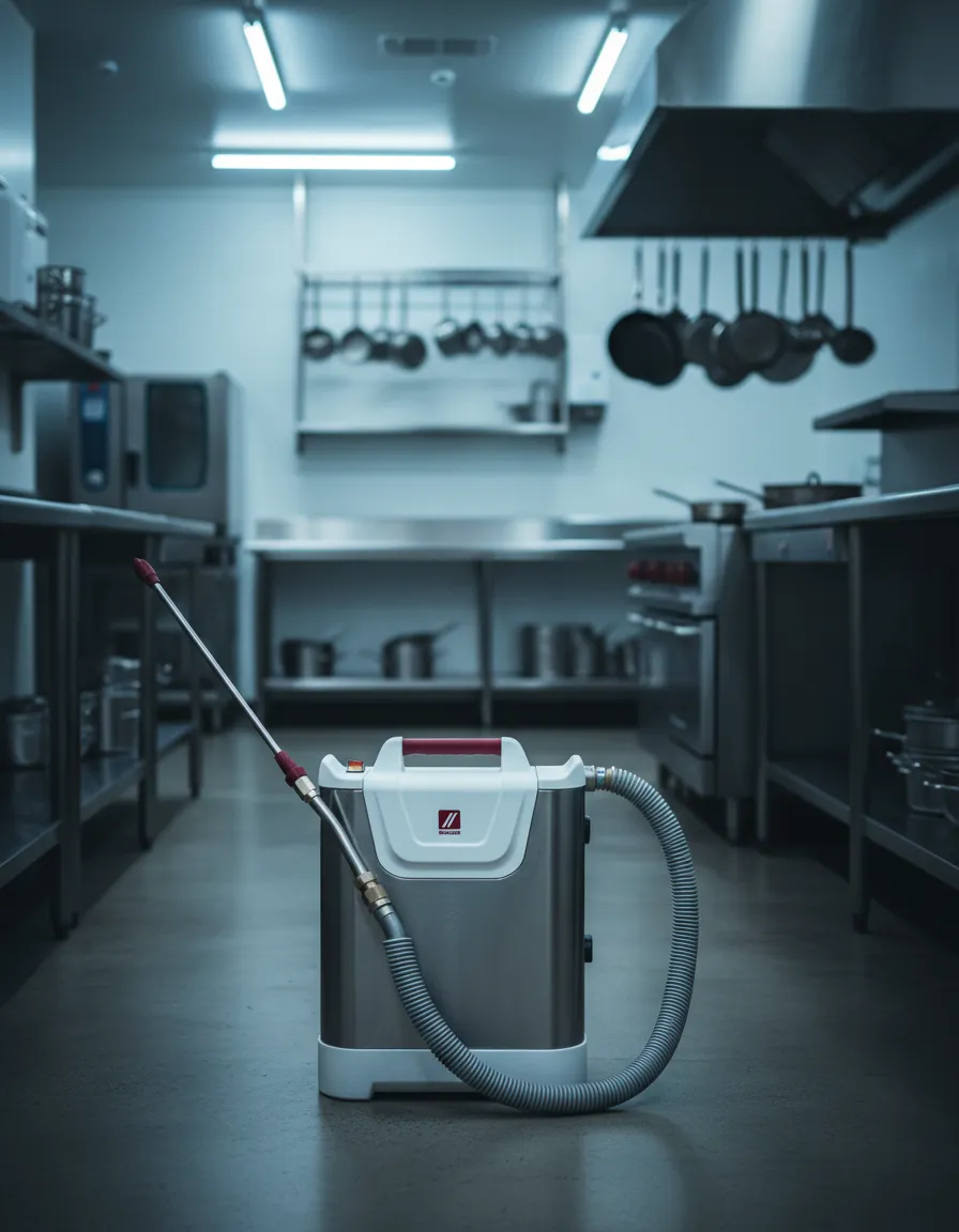 ULV fogging equipment used for commercial fly control in a restaurant kitchen