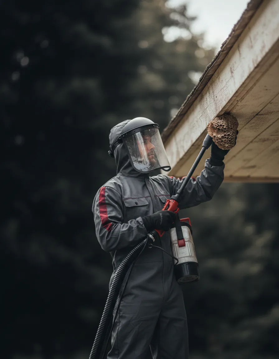 Professional pest control expert securely removing a wasp nest