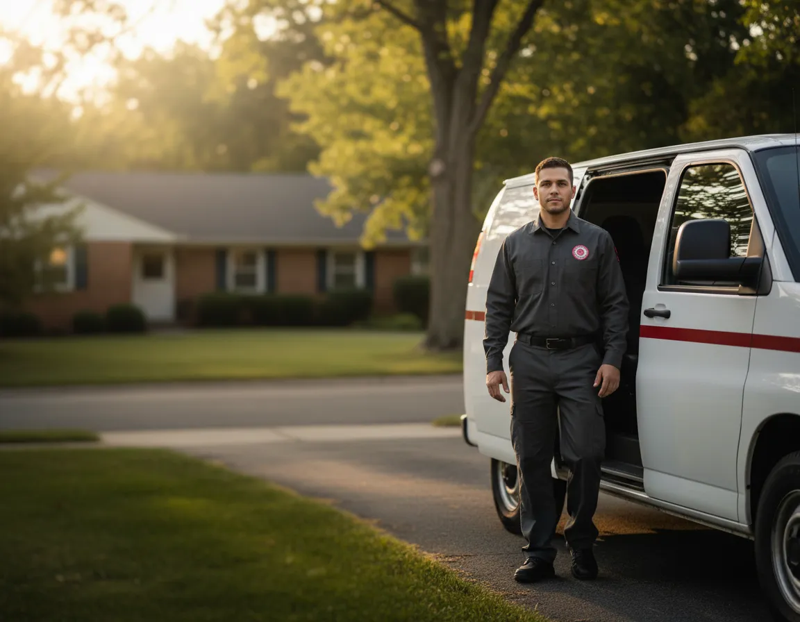 Discreet pest control technician arriving in unmarked van