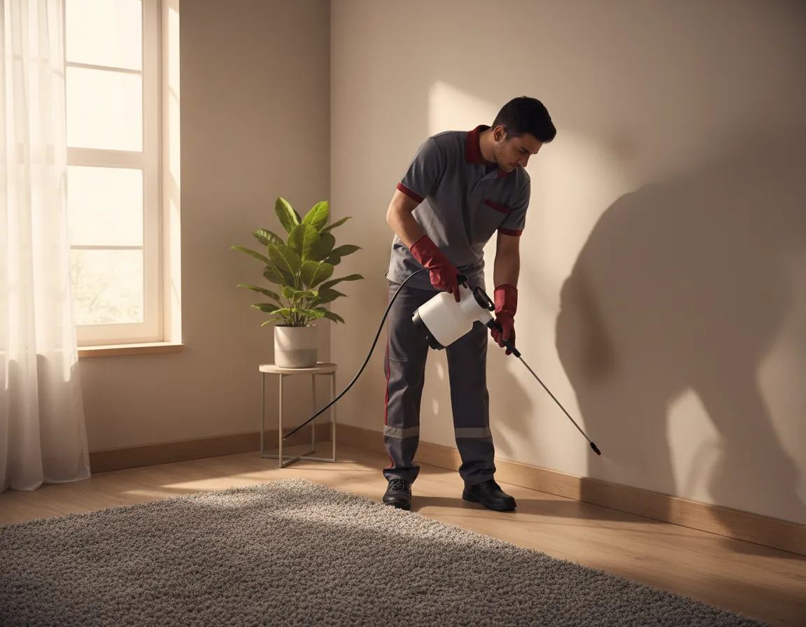 Service technician performing pest control treatment at a residential property