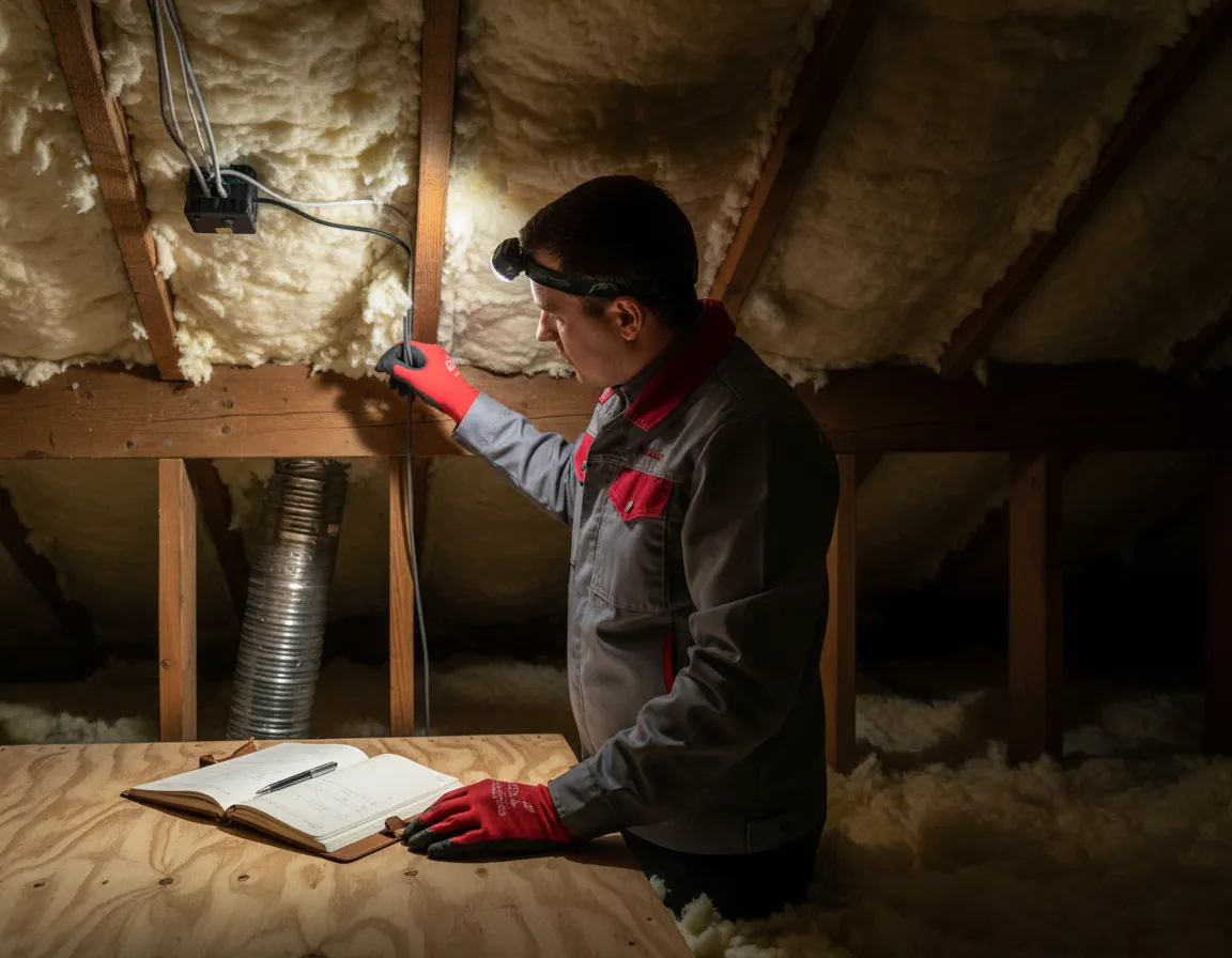 Pest control technician inspecting a residential attic or loft