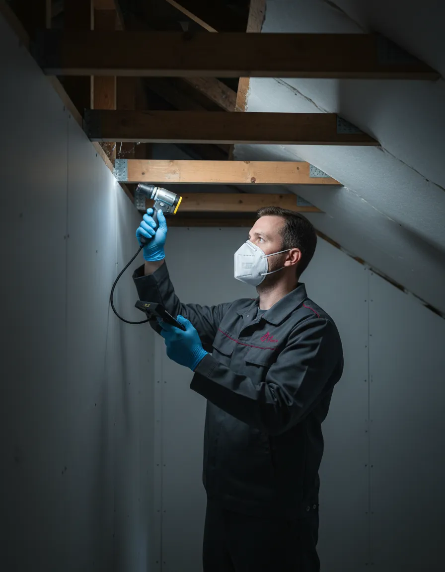 Professional pest control technician inspecting property for pigeon health hazards