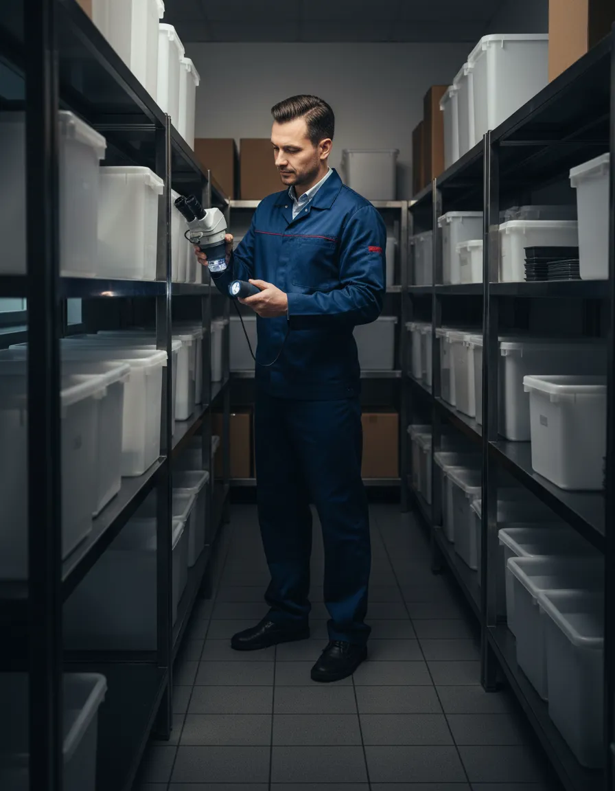 Commercial pest control technician inspecting for insects