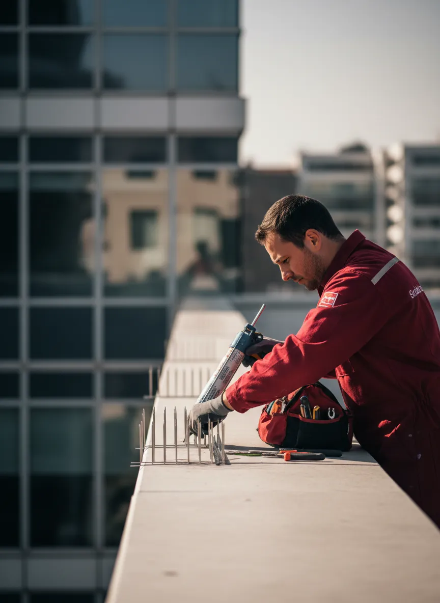 Professional installing bird control spikes on a commercial building ledge