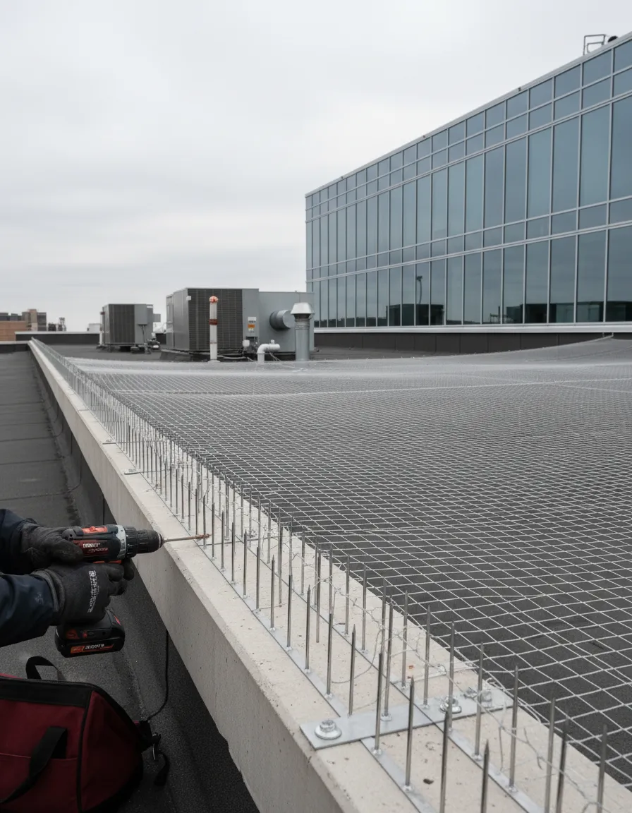 Bird netting and anti-roosting spikes installed on a commercial building