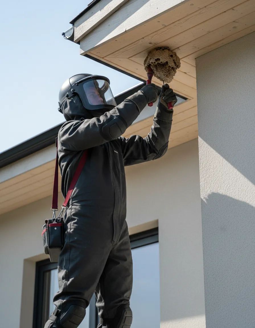 Professional technician performing safe wasp control and nest removal