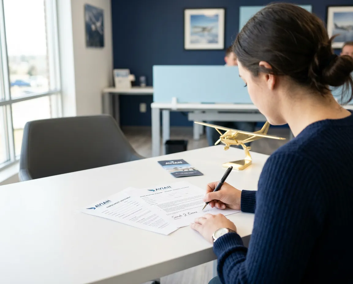 Aviation academy student reviewing flight training financing and scholarship options