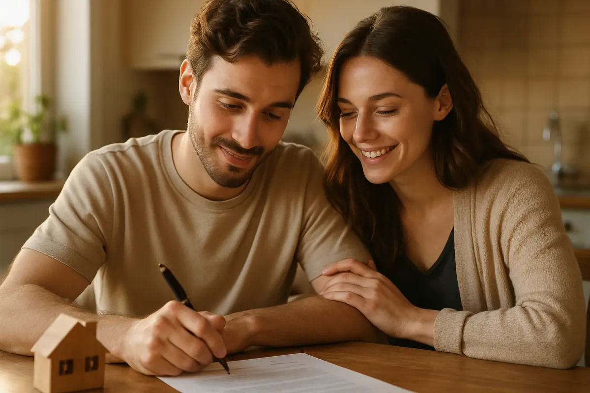 Young couple signing mortgage documents at a sunlit kitchen table
