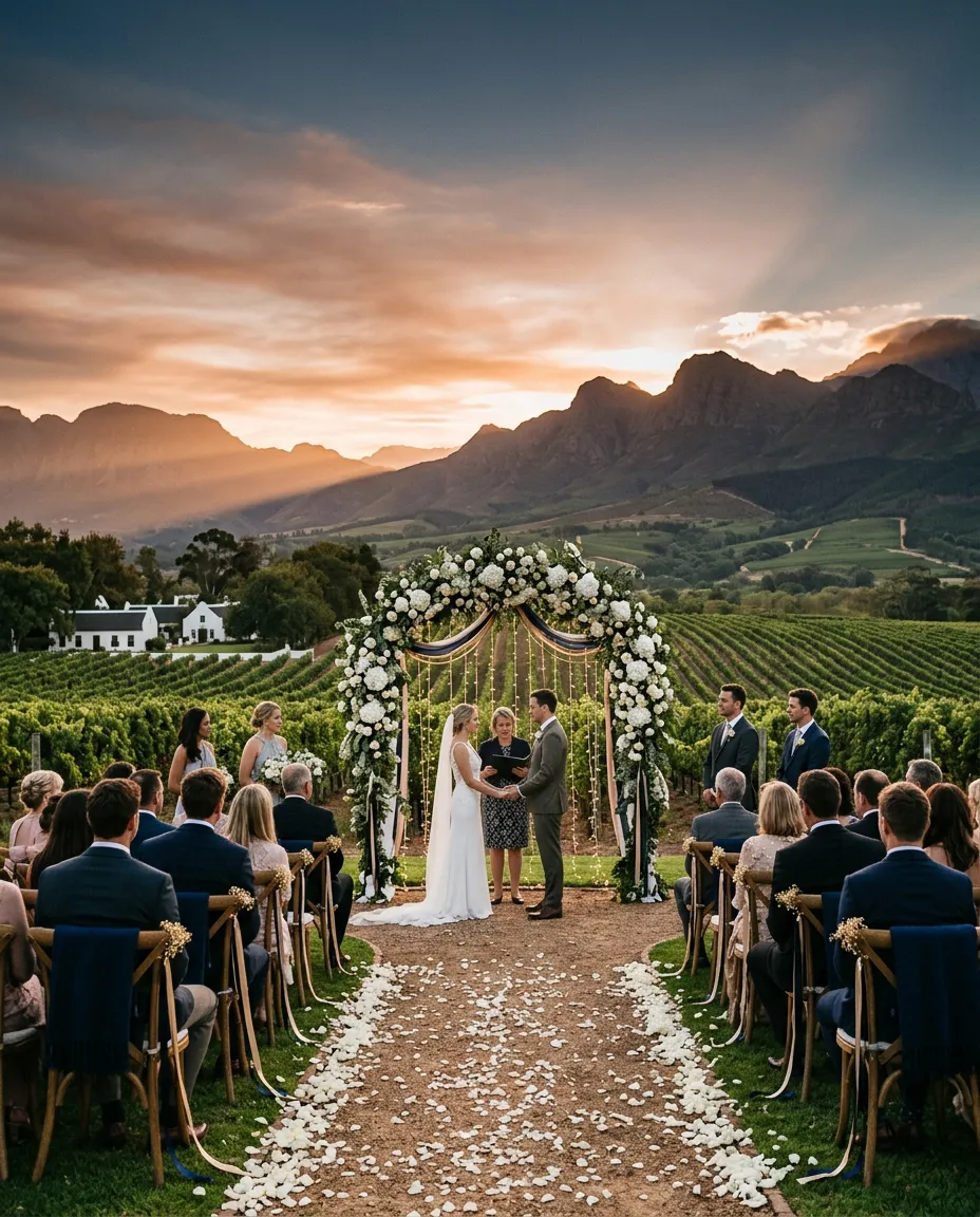 Breathtaking Cape Town wine estate vineyard ceremony location during golden hour