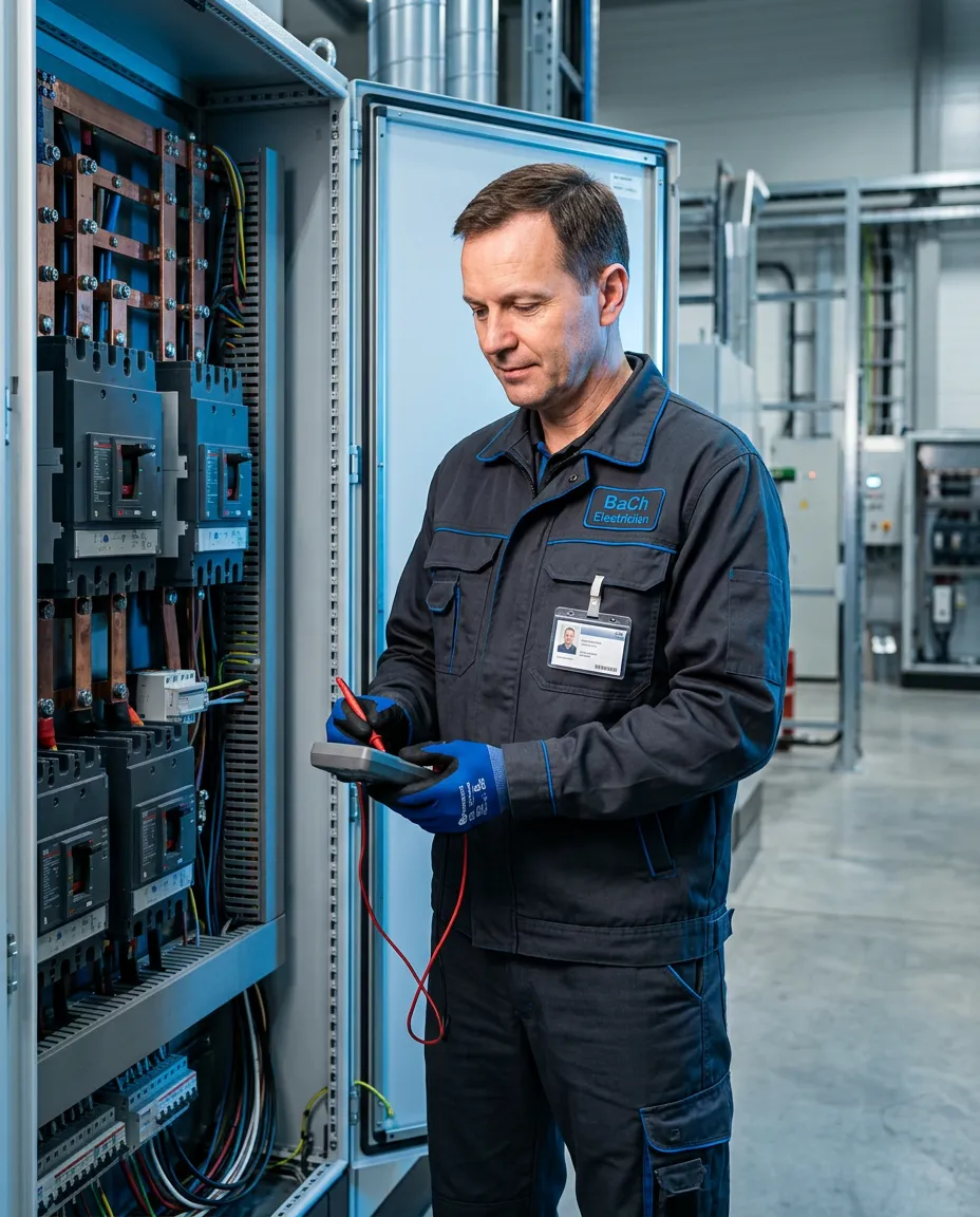 Master electrician performing precision diagnostic inspection on a commercial electrical switchboard