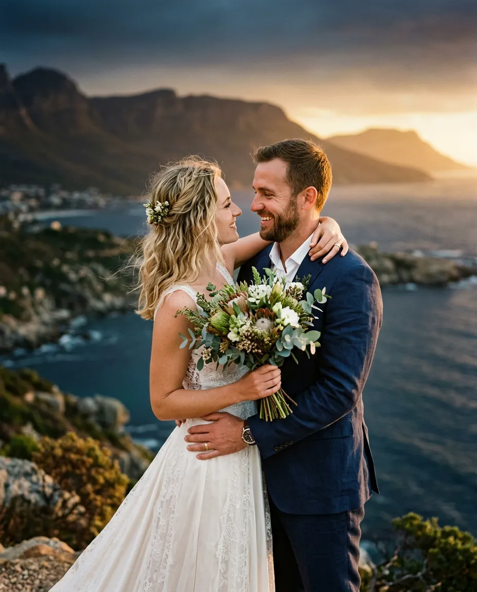 An intimate, romantic Cape Town wedding ceremony moment bathed in soft golden-hour light