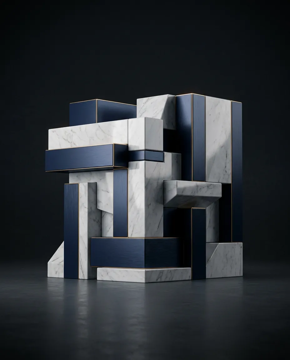 Abstract geometric institutional architecture with subtle navy and gold reflections
