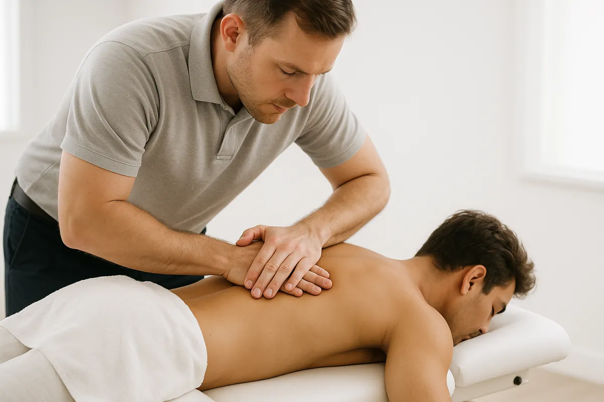 Patient receiving a gentle spinal adjustment from chiropractor in Elk Grove clinic, hands-on mid-back technique, soft natural light.