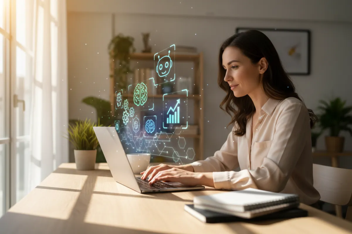 A small business owner automating marketing tasks on a laptop, AI icons floating above, bright workspace, sunlight streaming in, 3:2 aspect ratio