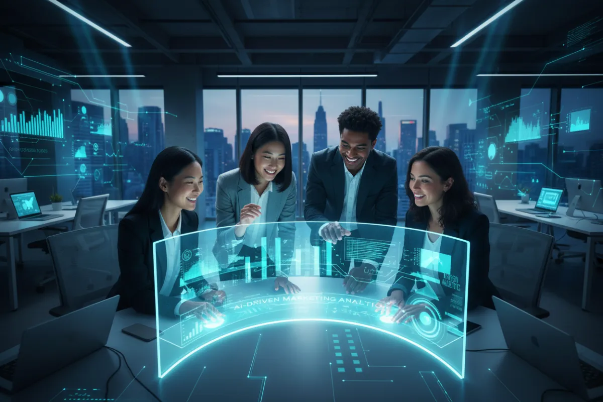 A diverse group of small business owners collaborating around a digital dashboard displaying AI-driven marketing analytics, vibrant blue and teal gradients, modern office setting, energetic atmosphere, 3:2 aspect ratio