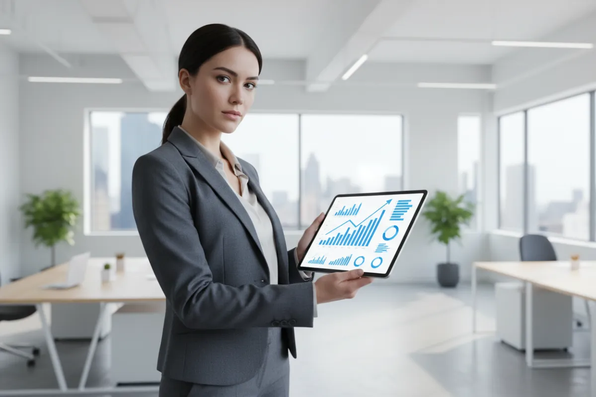 A confident businesswoman reviewing marketing analytics on a tablet, clear upward trend lines, bright office, 3:2 aspect ratio