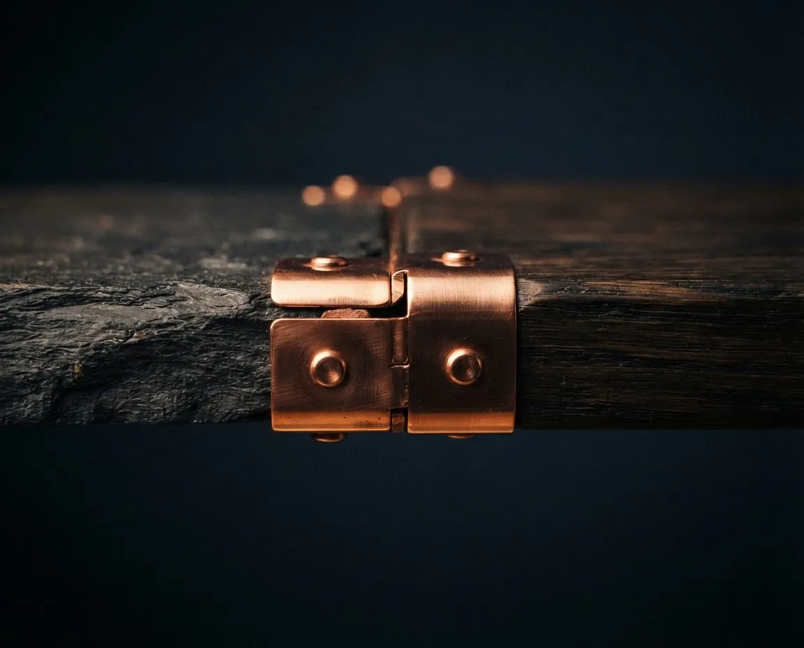Close-up architectural detail of raw polished copper joints and solid slate materials