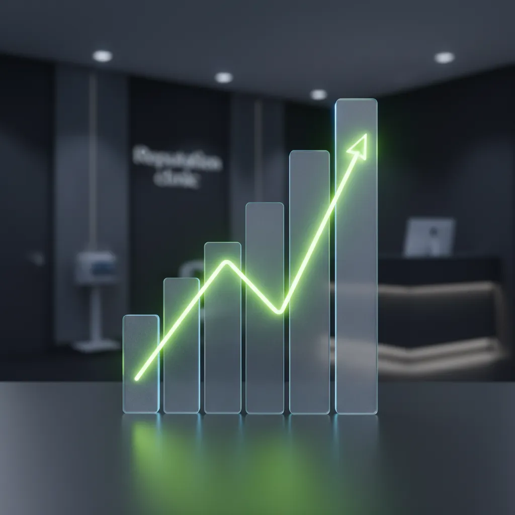 Reputation management dashboard overlaid on modern clinic environment