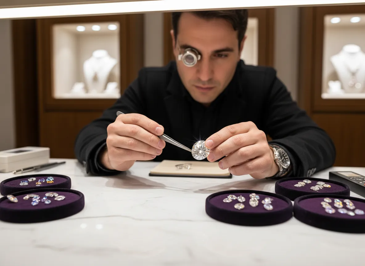 Gemologist inspecting diamond at Diamond Hut Boutique