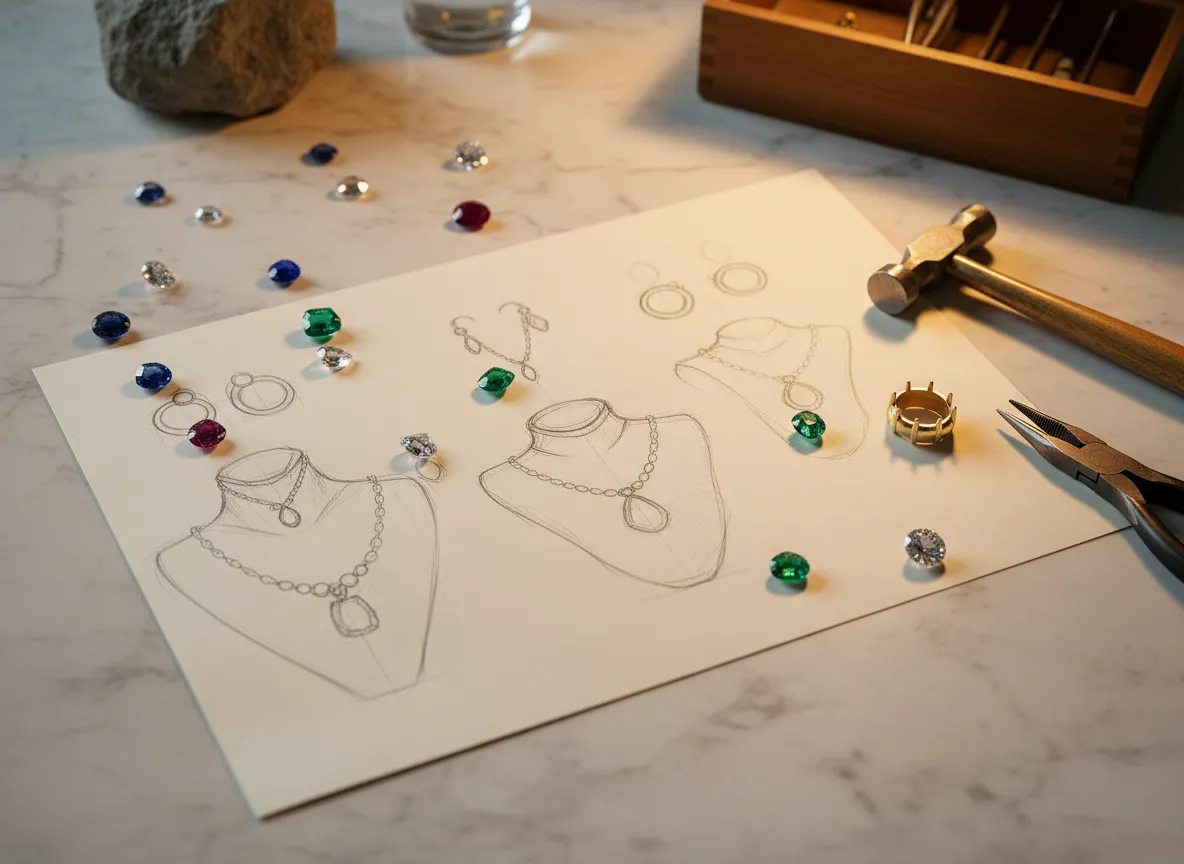 Custom jewelry design sketch with gemstones