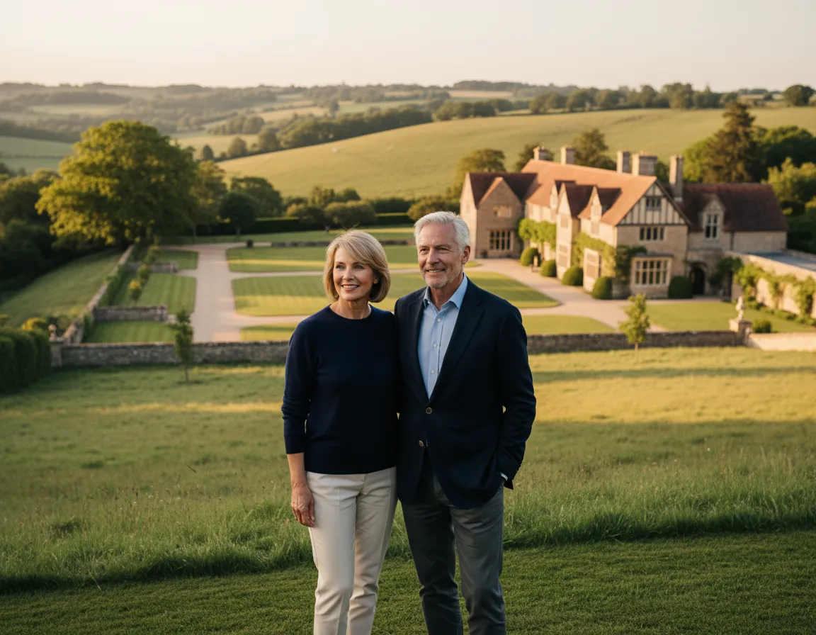 A mature couple overlooking a beautiful property, symbolizing legacy building