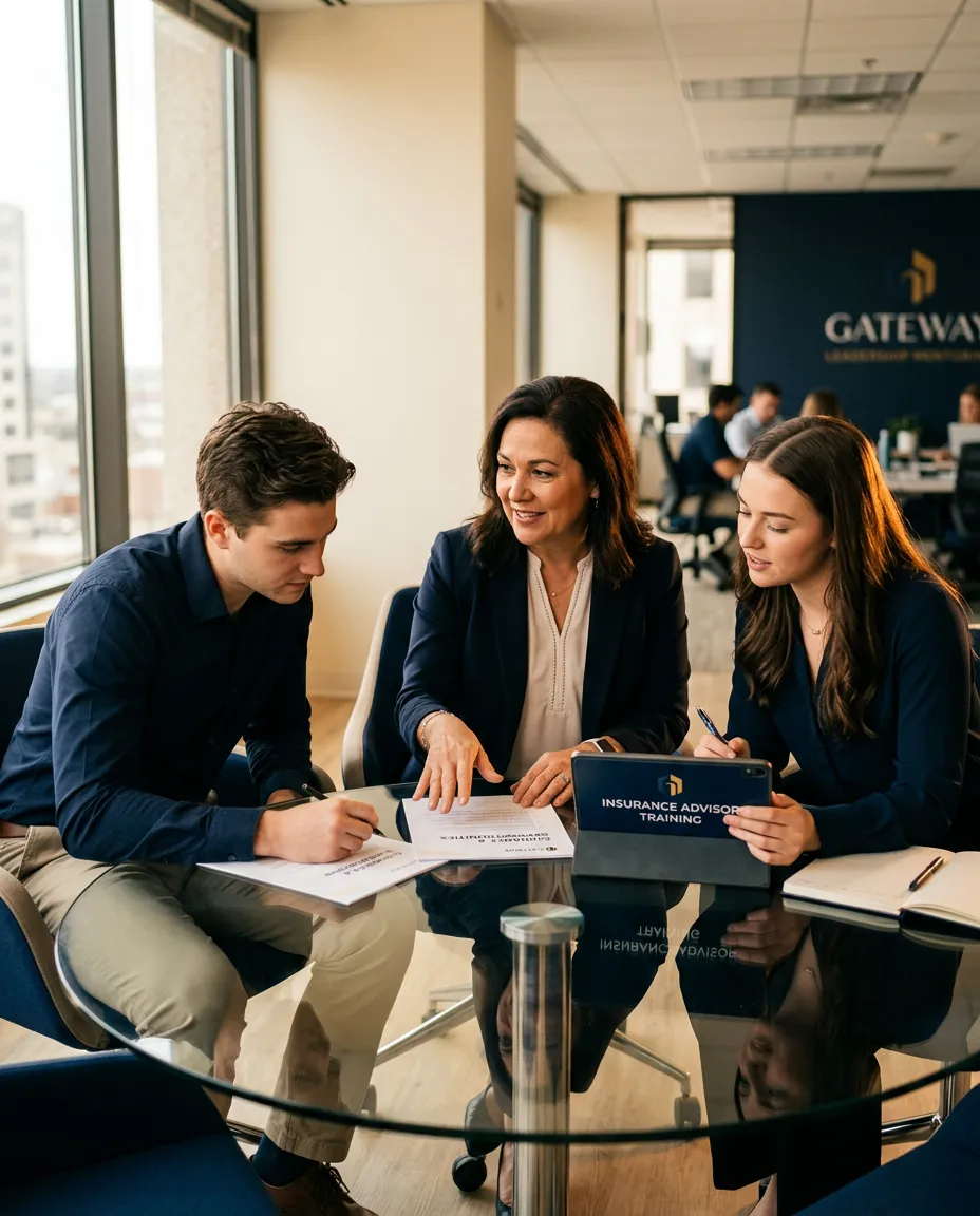 Gateway leadership mentor coaching prospective insurance advisors in a modern collaborative suite