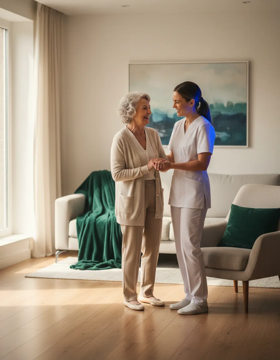Caregiver smiling and assisting an elderly woman at home