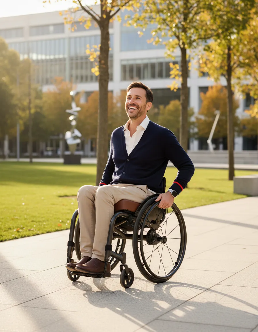 Confident individual using a premium wheelchair outdoors