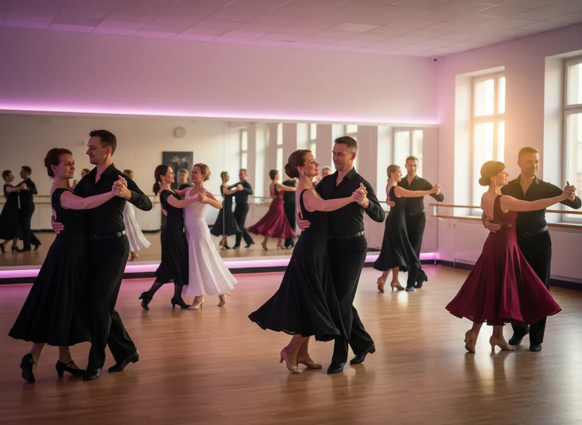Adult ballroom dance class couple spinning